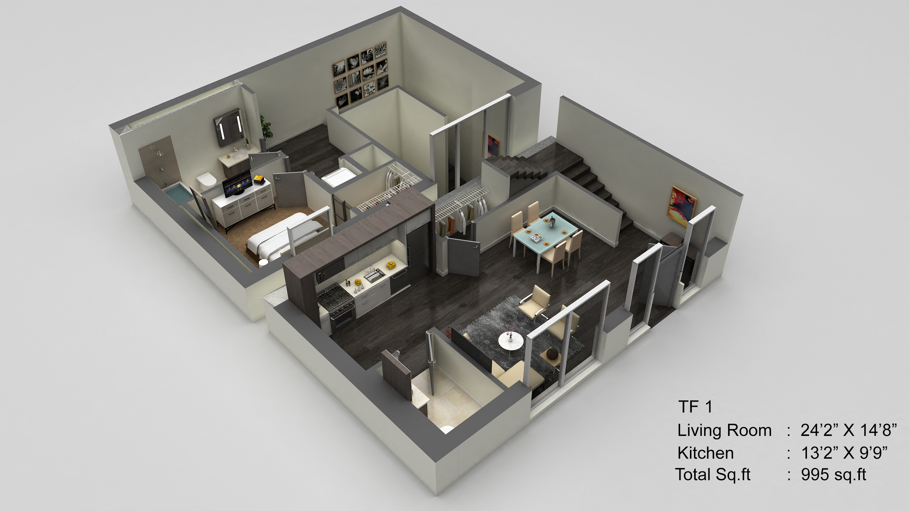 Floor plan for 1 bed, 1.5 baths, 995 sqft